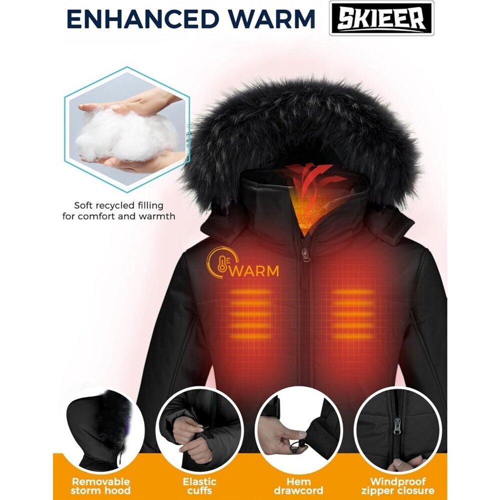 Women's Puffer Ski Hooded Jacket Black Faux Fur Winter Warm Waterproof Coat - Picture 5 of 6